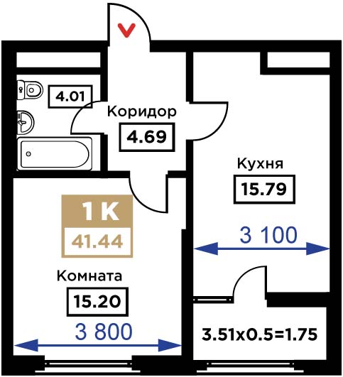 Планировка 1-комн. в ЖК «Сердце»