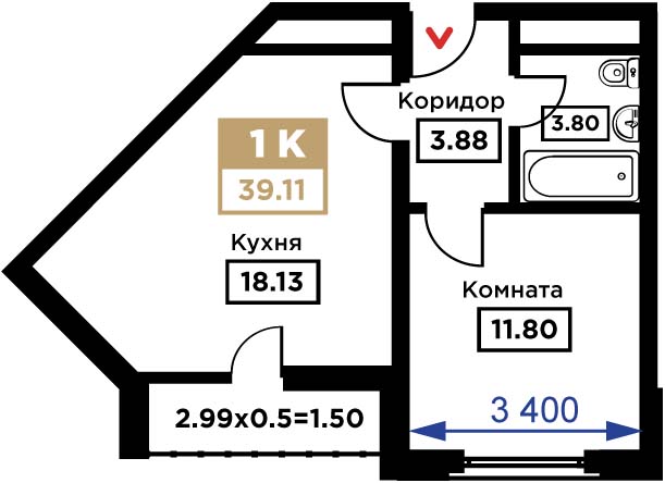 Планировка 1-комн. в ЖК «Сердце»