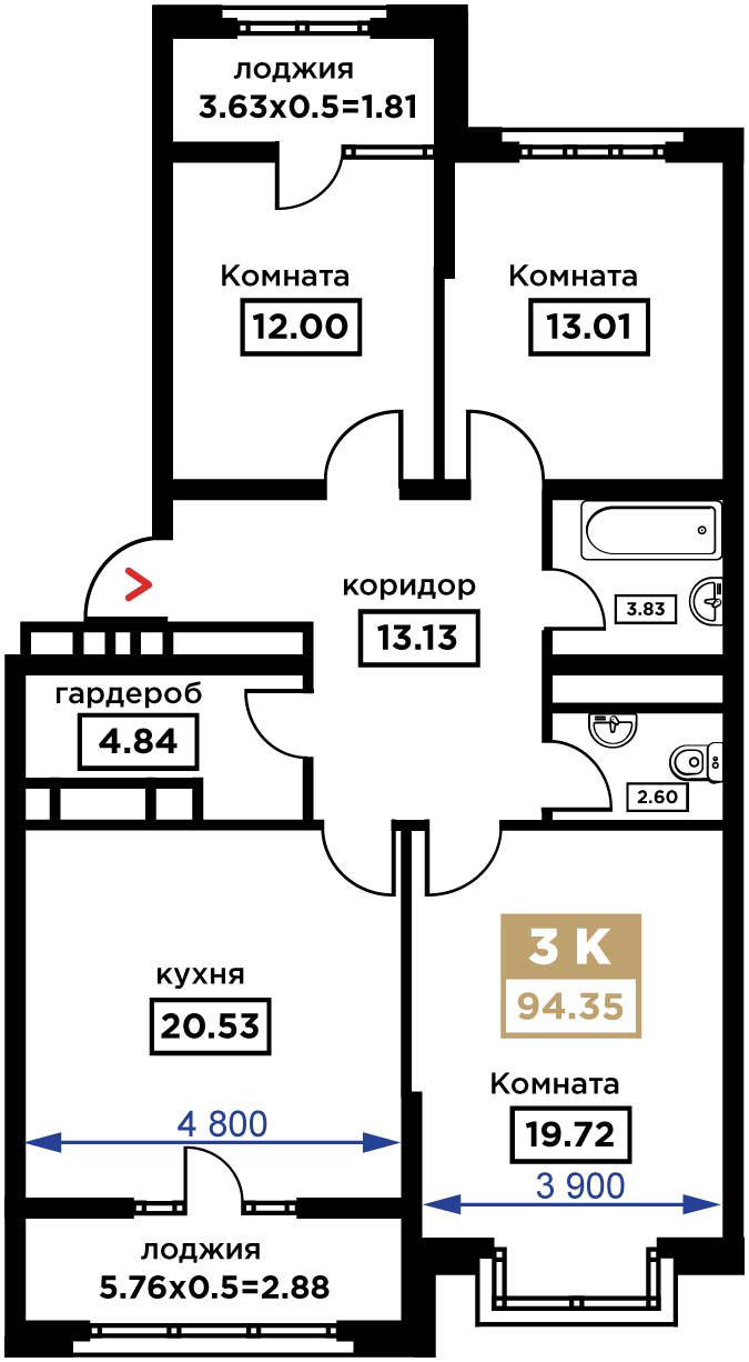 Планировка 3-комн. в ЖК «Сердце»