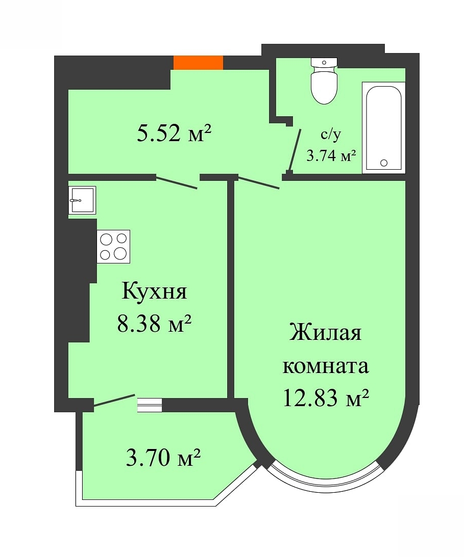 Планировка 1-комн. в ЖК «Космический»