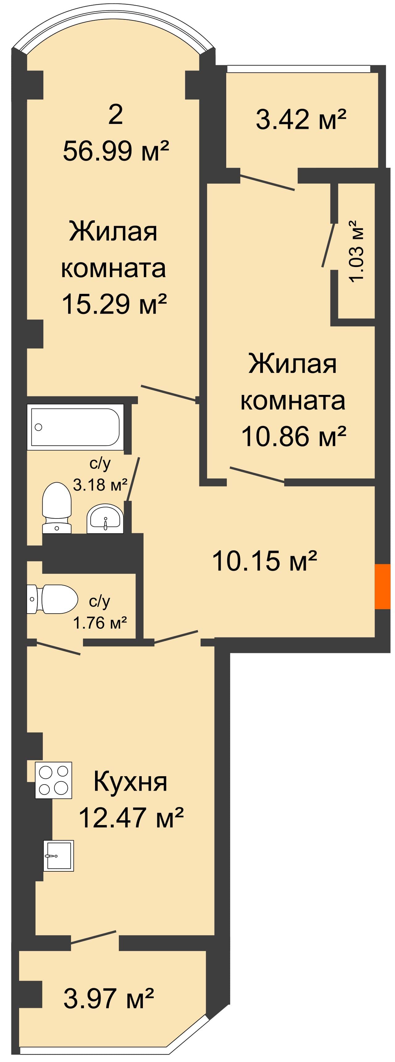 Планировка 2-комн. в ЖК «Космический»