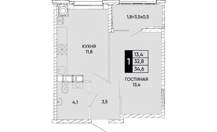 Планировка 1-комн. в ЖК «Левобережье»