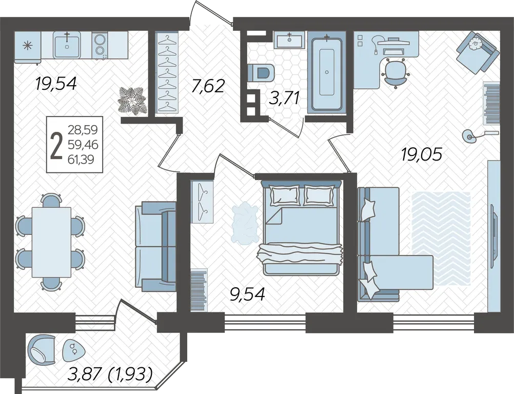 Планировка 2-комн. в ЖК «URAL»