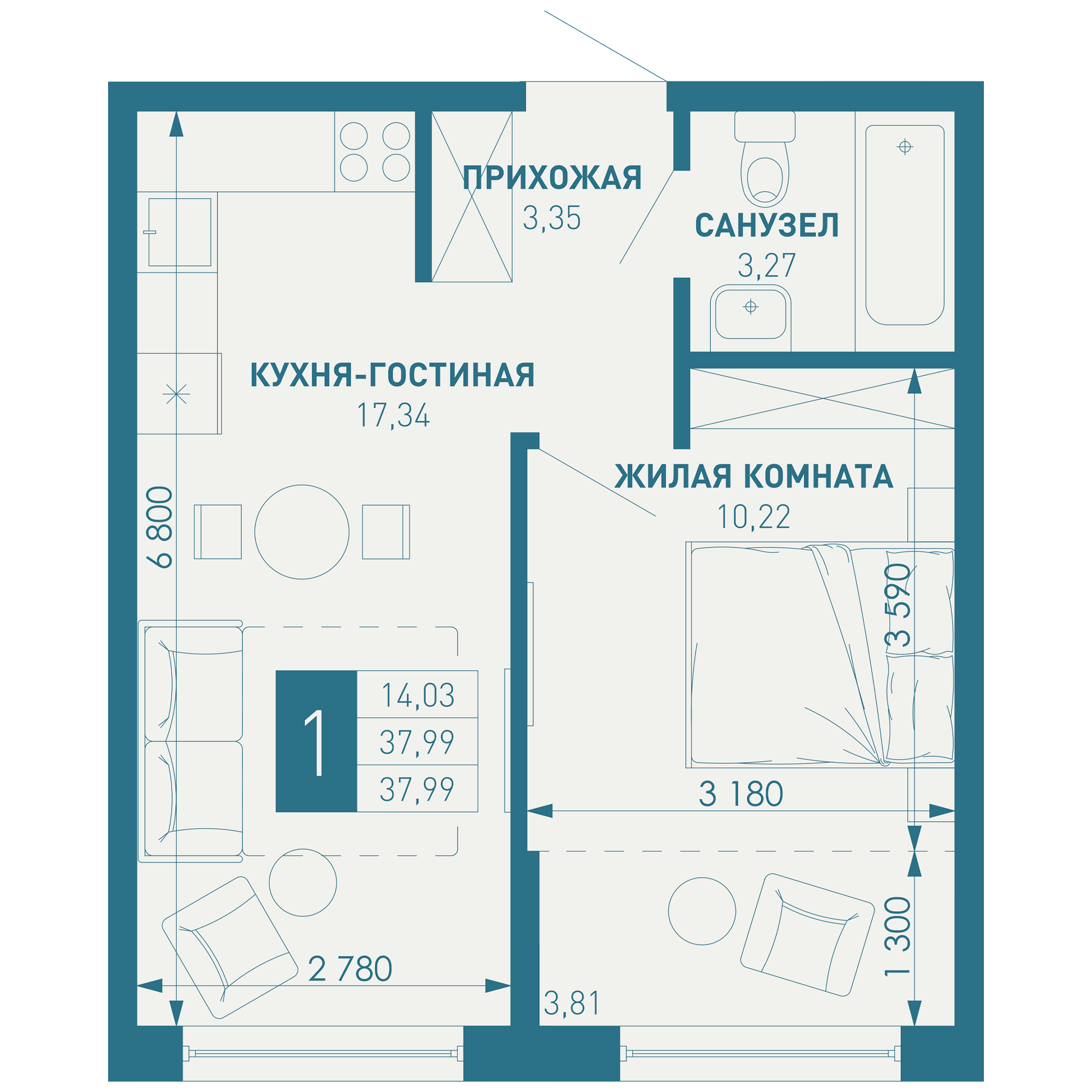 Планировка 1-комн. в ЖК «Иначе в Молодежном»