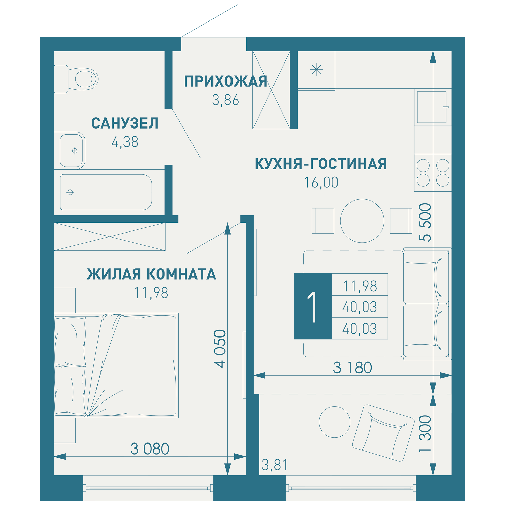 Планировка 1-комн. в ЖК «Иначе в Молодежном»