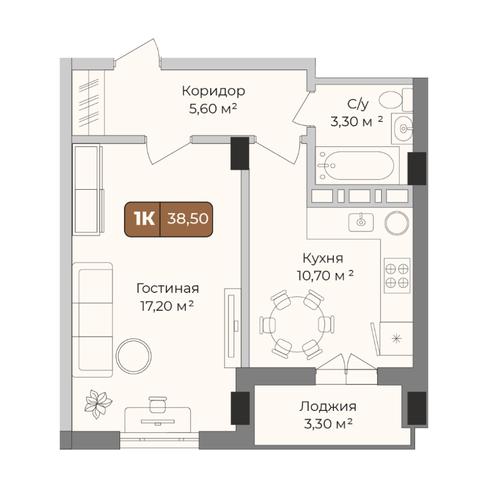 Планировка 1-комн. в ЖК «Опера»