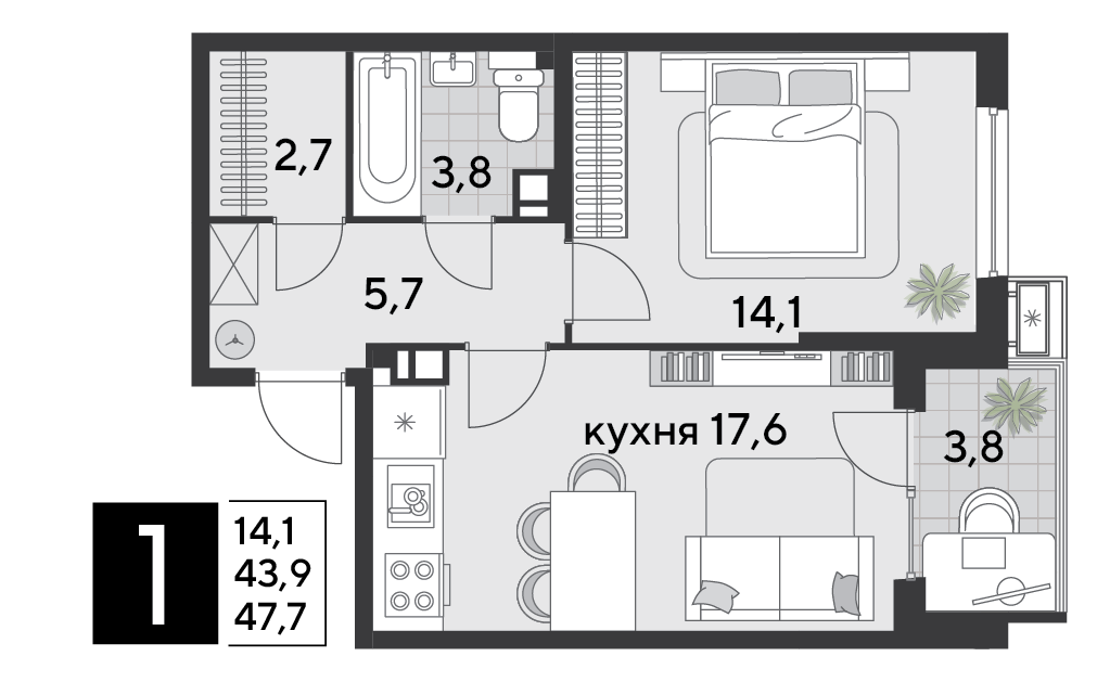 Планировка 1-комн. в ЖК «Парк Победы-2»