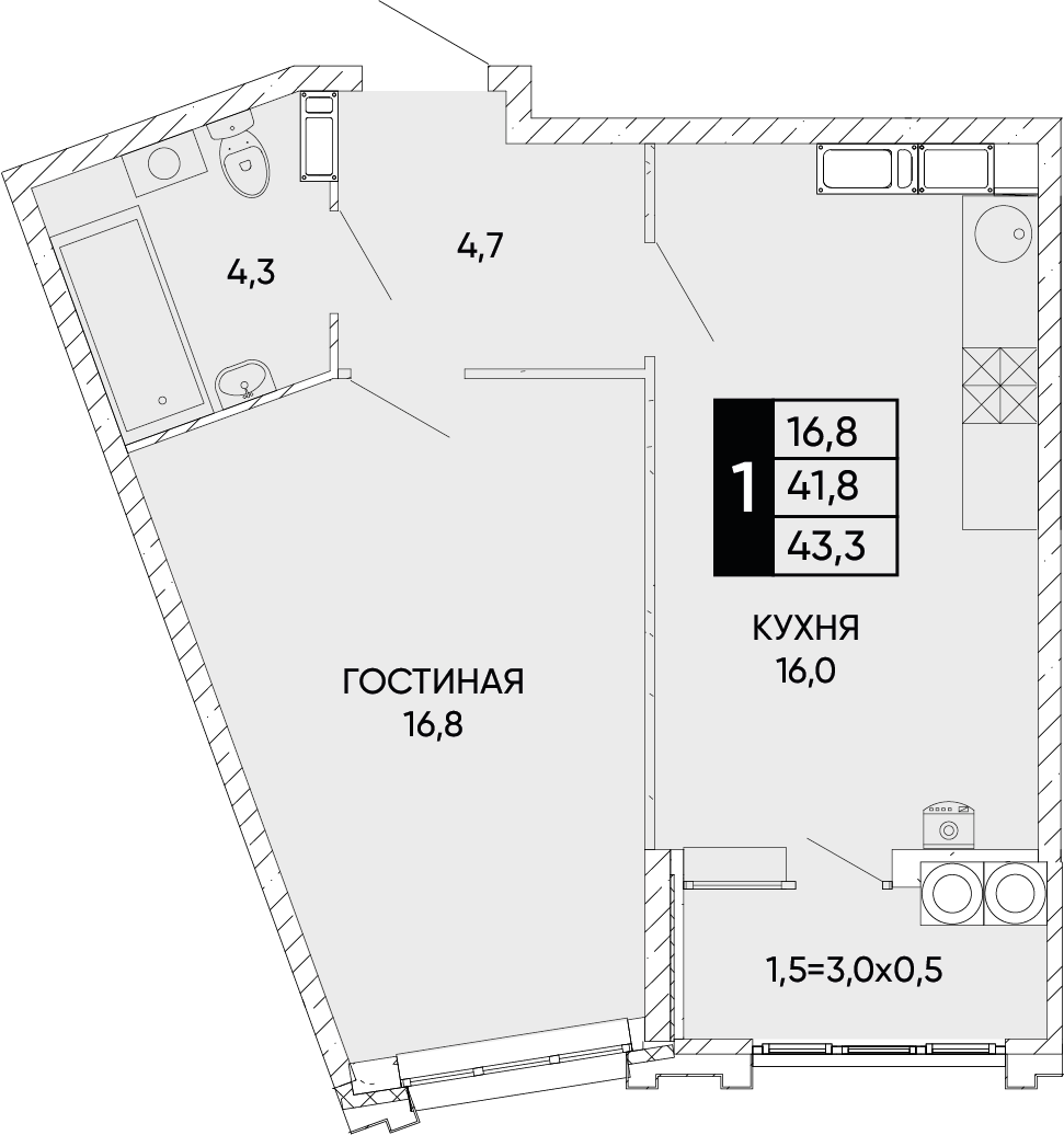 Планировка 1-комн. в ЖК «Левобережье»