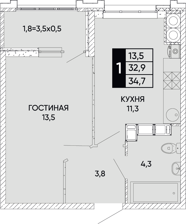 Планировка 1-комн. в ЖК «Левобережье»
