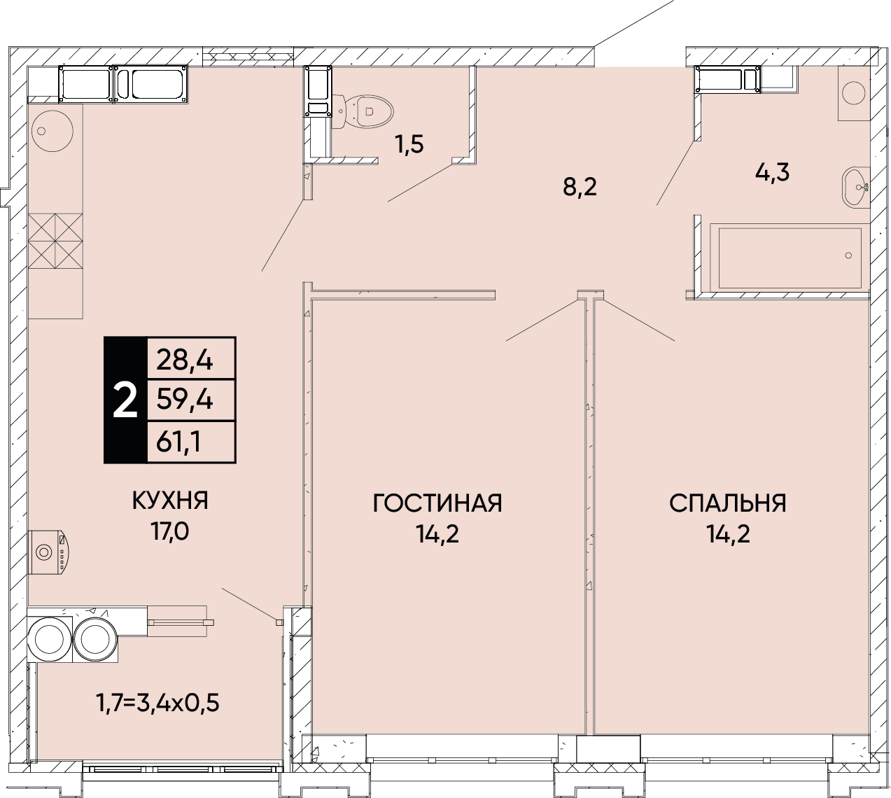 Планировка 2-комн. в ЖК «Левобережье»