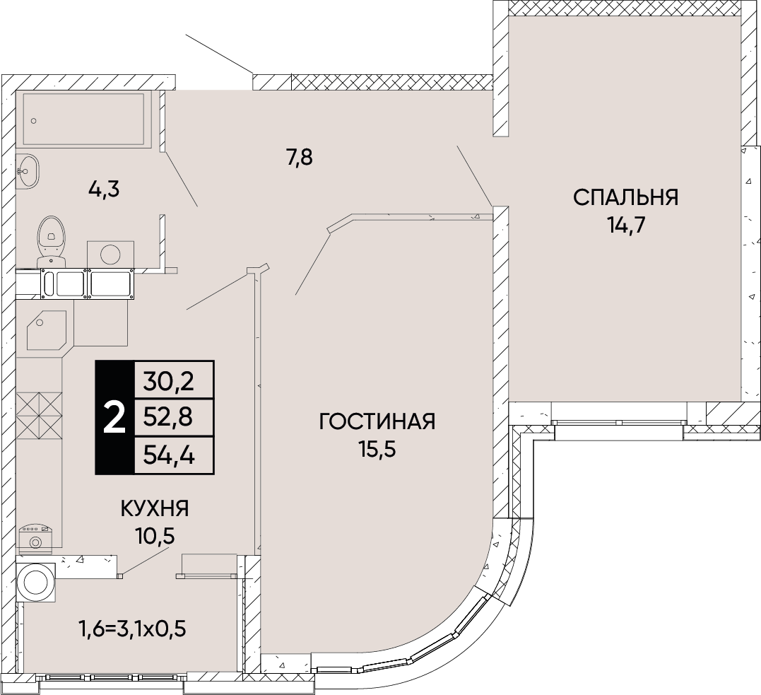 Планировка 2-комн. в ЖК «Левобережье»