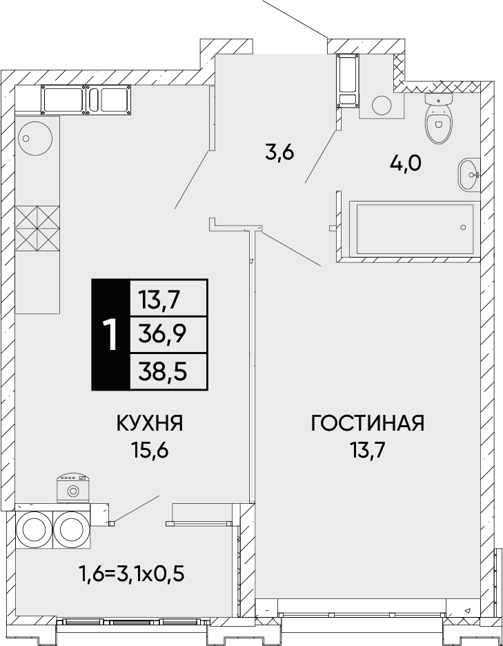 Планировка 1-комн. в ЖК «Левобережье»