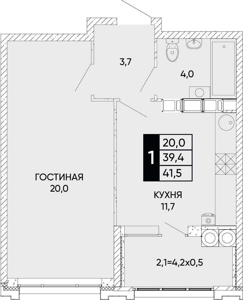 Планировка 1-комн. в ЖК «Левобережье»