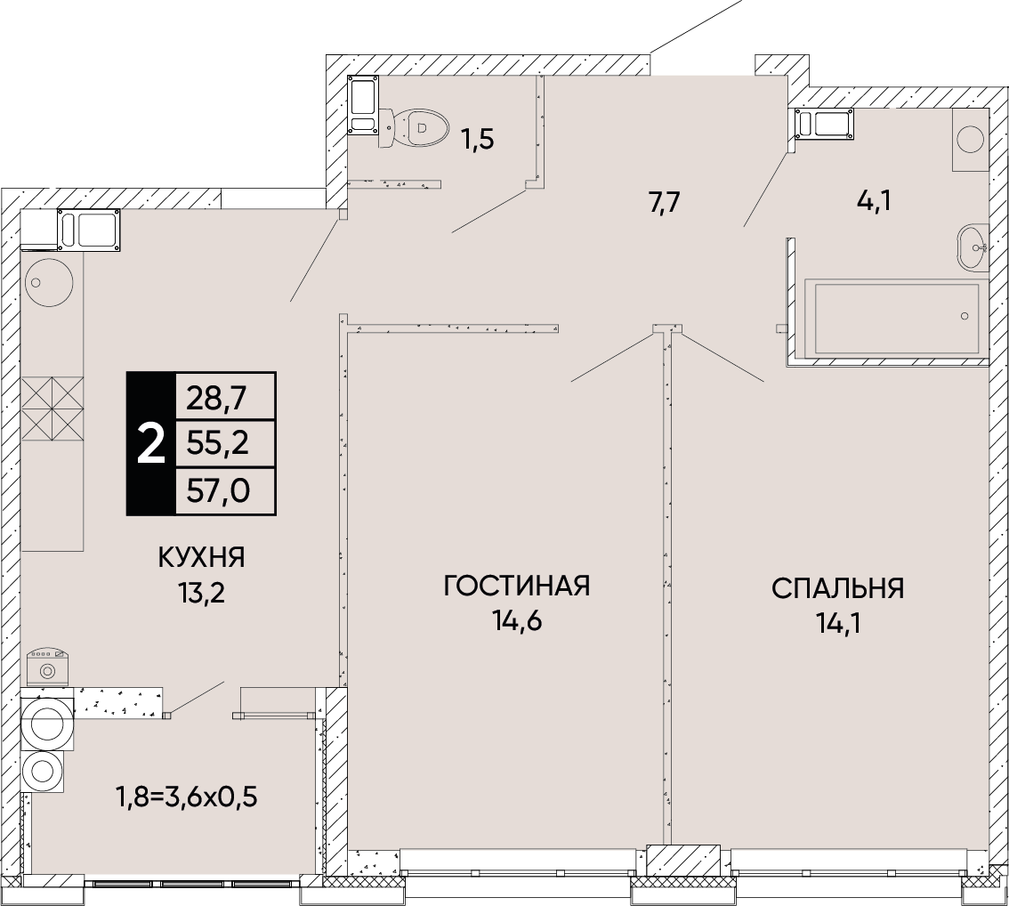 Планировка 2-комн. в ЖК «Левобережье»