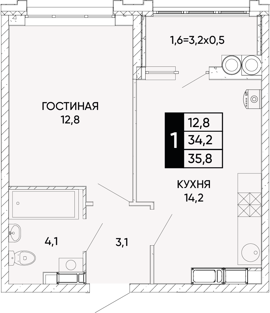 Планировка 1-комн. в ЖК «Левобережье»
