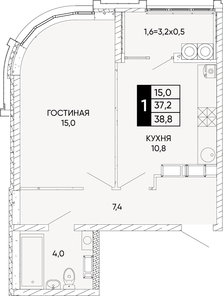 Планировка 1-комн. в ЖК «Левобережье»