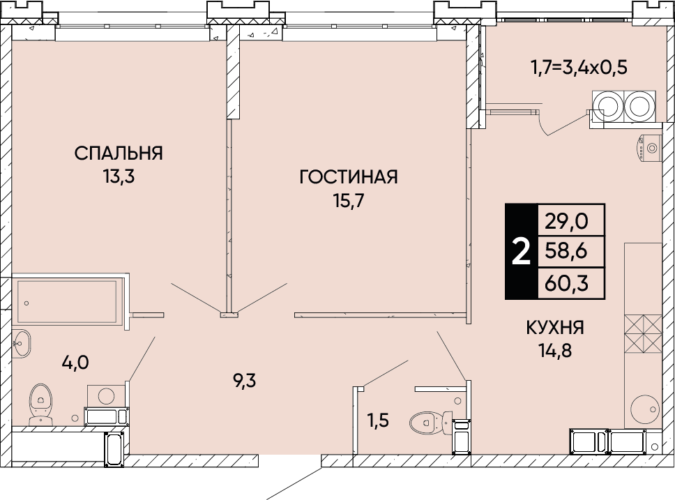 Планировка 2-комн. в ЖК «Левобережье»