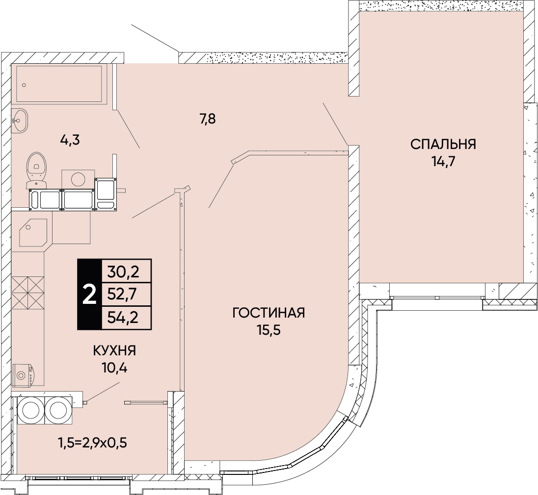 Планировка 2-комн. в ЖК «Левобережье»