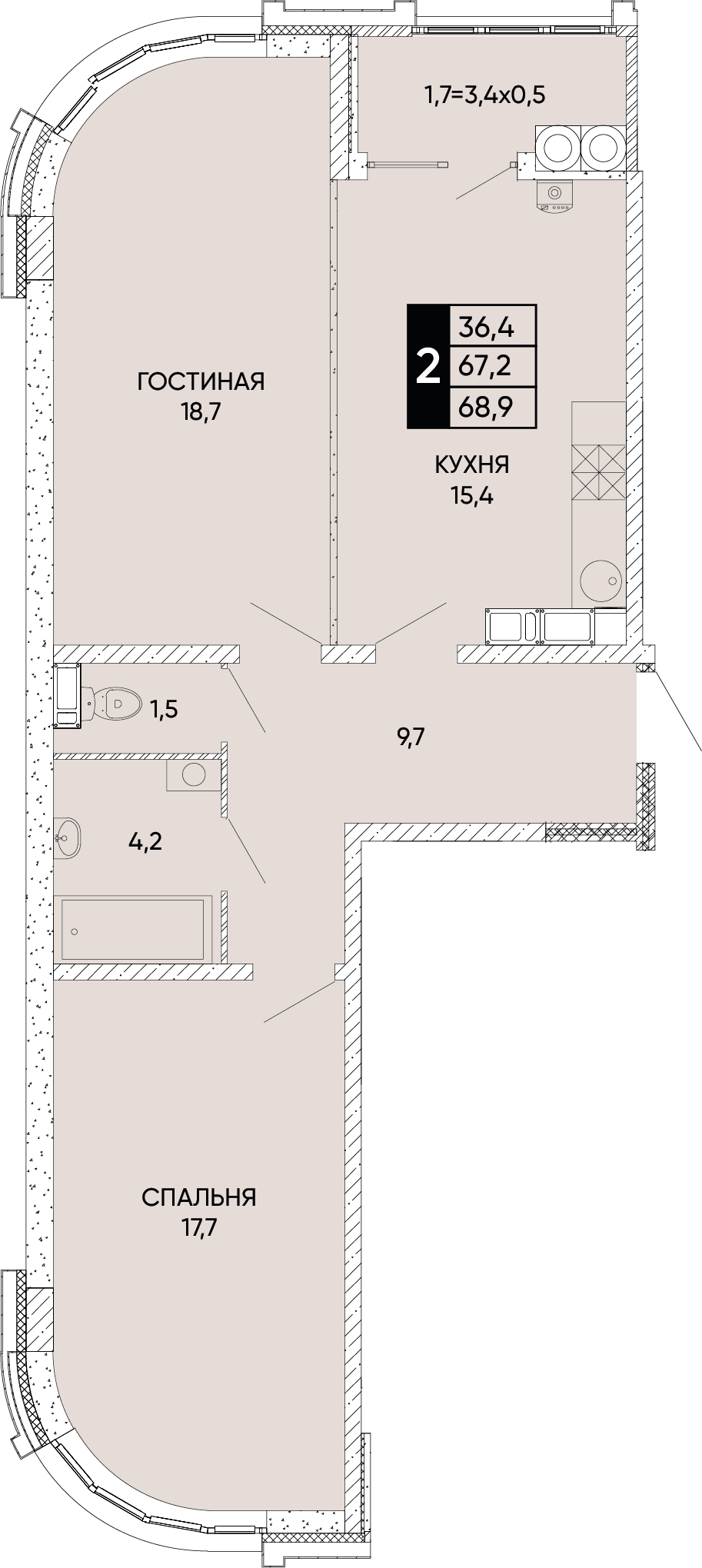 Планировка 2-комн. в ЖК «Левобережье»