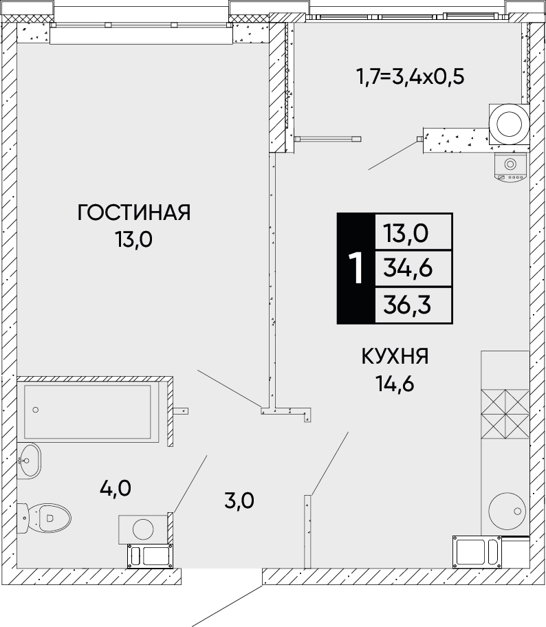 Планировка 1-комн. в ЖК «Левобережье»