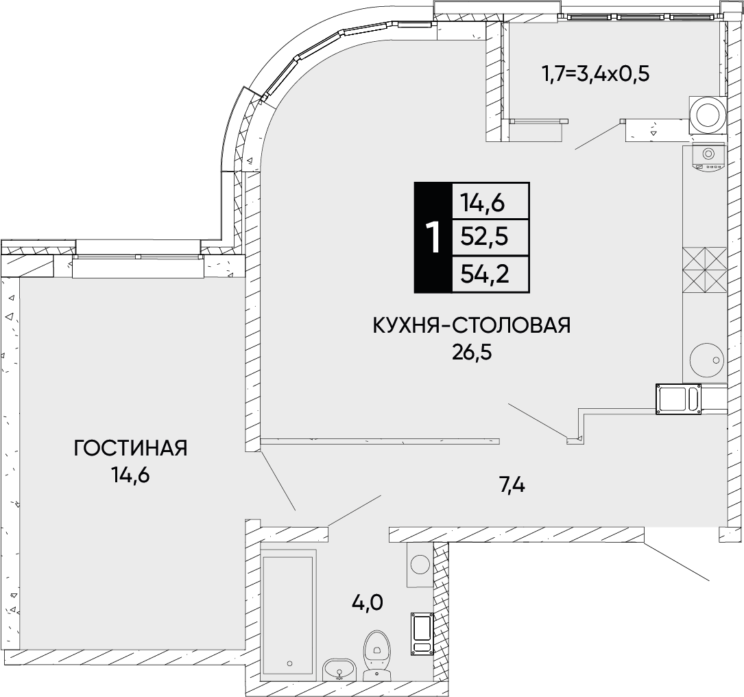 Планировка 1-комн. в ЖК «Левобережье»