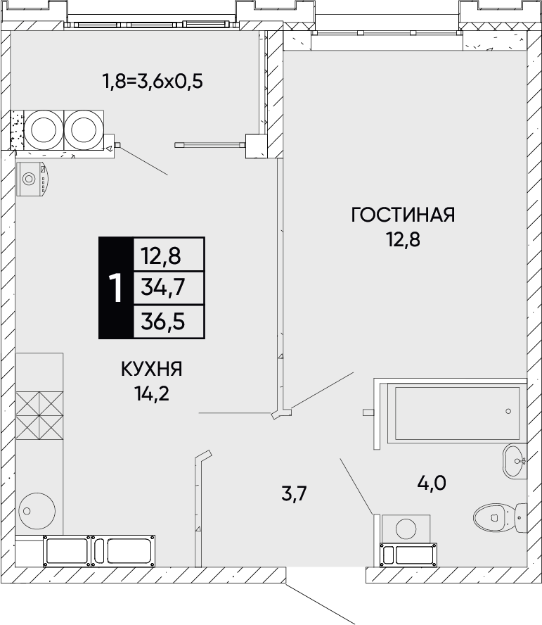 Планировка 1-комн. в ЖК «Левобережье»