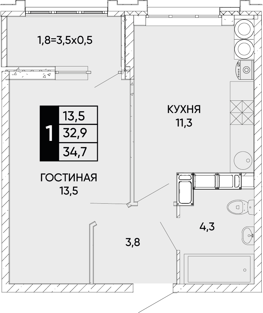 Планировка 1-комн. в ЖК «Левобережье»
