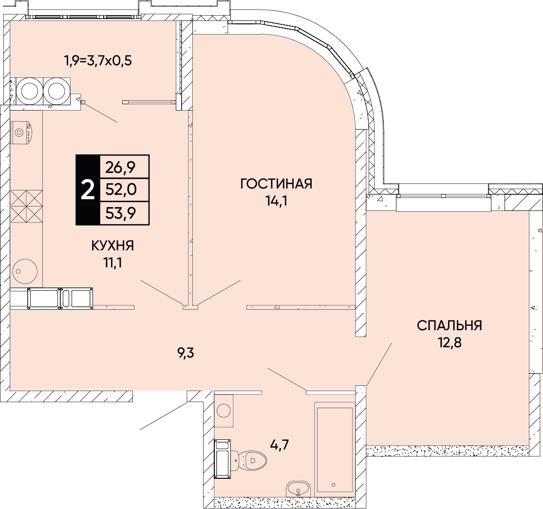 Планировка 2-комн. в ЖК «Левобережье»