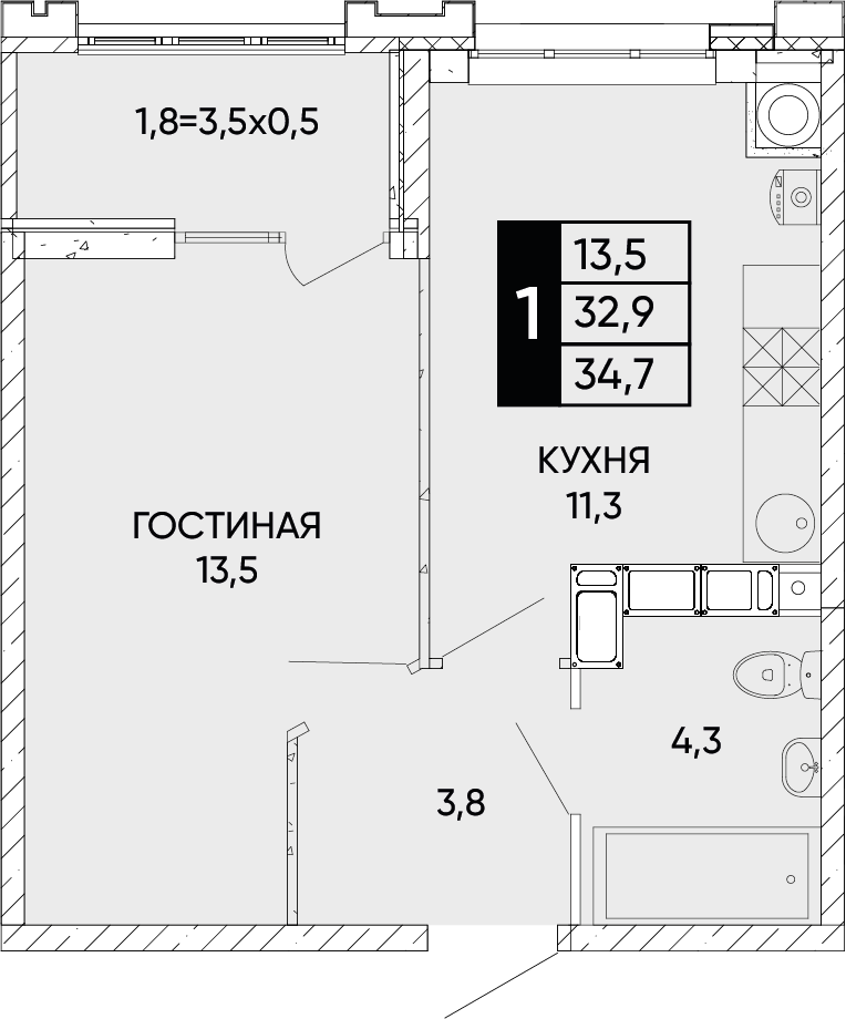 Планировка 1-комн. в ЖК «Левобережье»