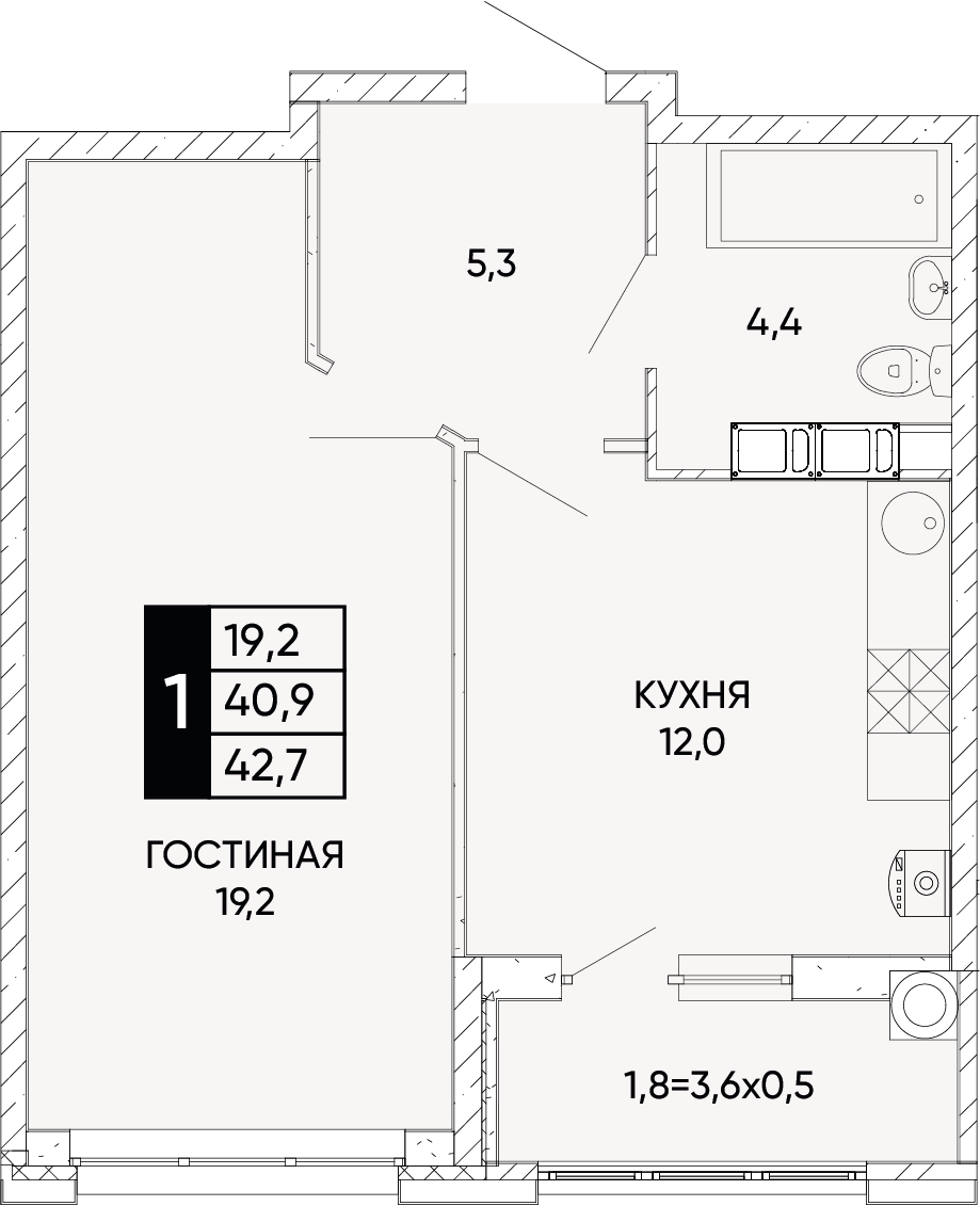 Планировка 1-комн. в ЖК «Левобережье»