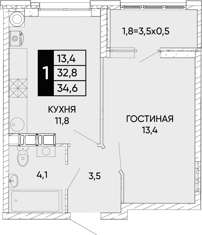 Планировка 1-комн. в ЖК «Левобережье»