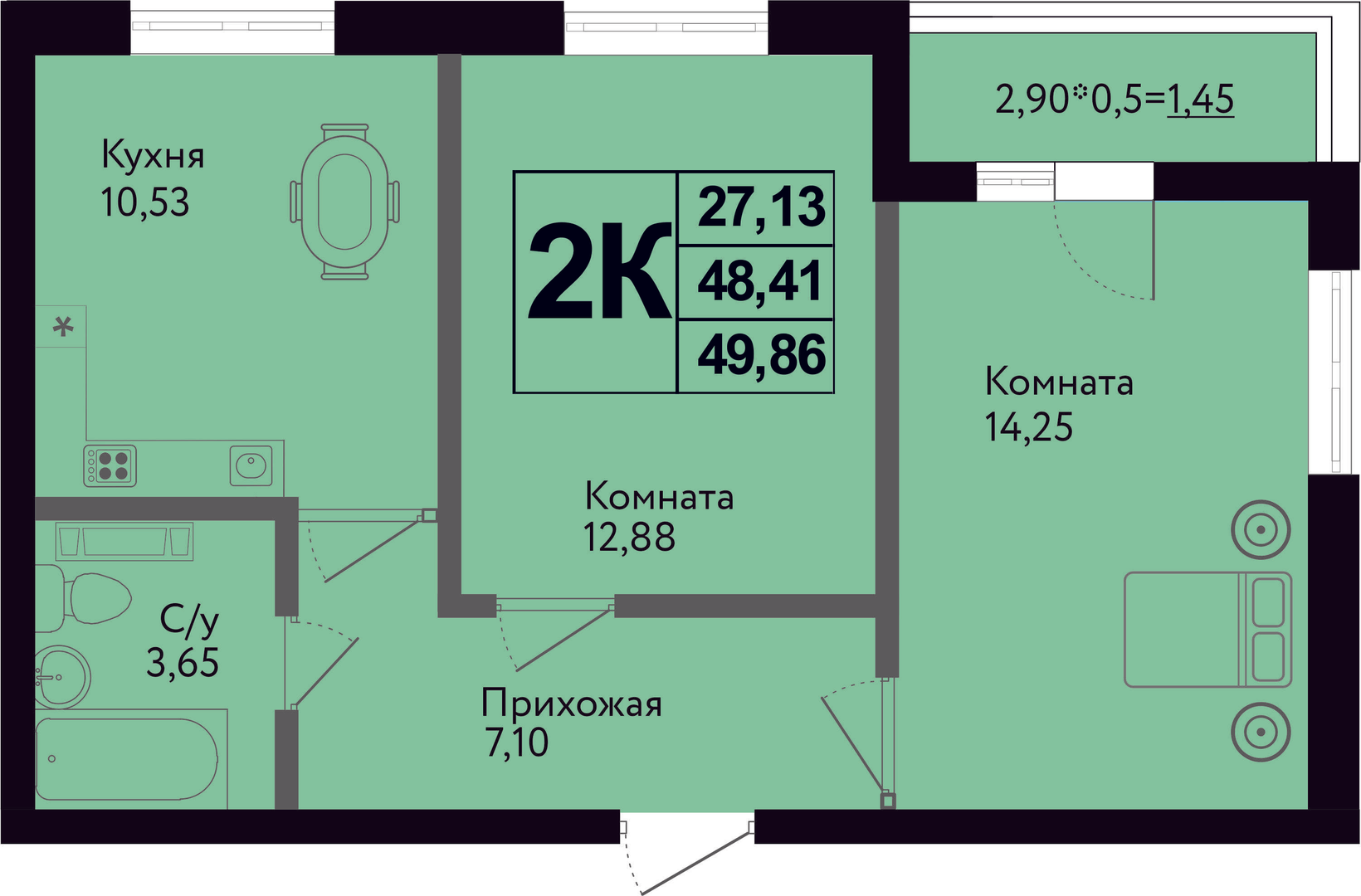 Планировка 2-комн. в ЖК «Друг»