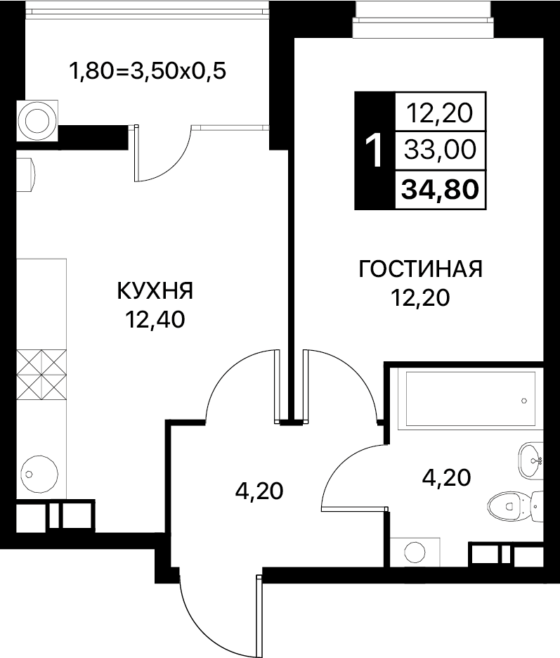 Планировка 1-комн. в ЖК «Полет»