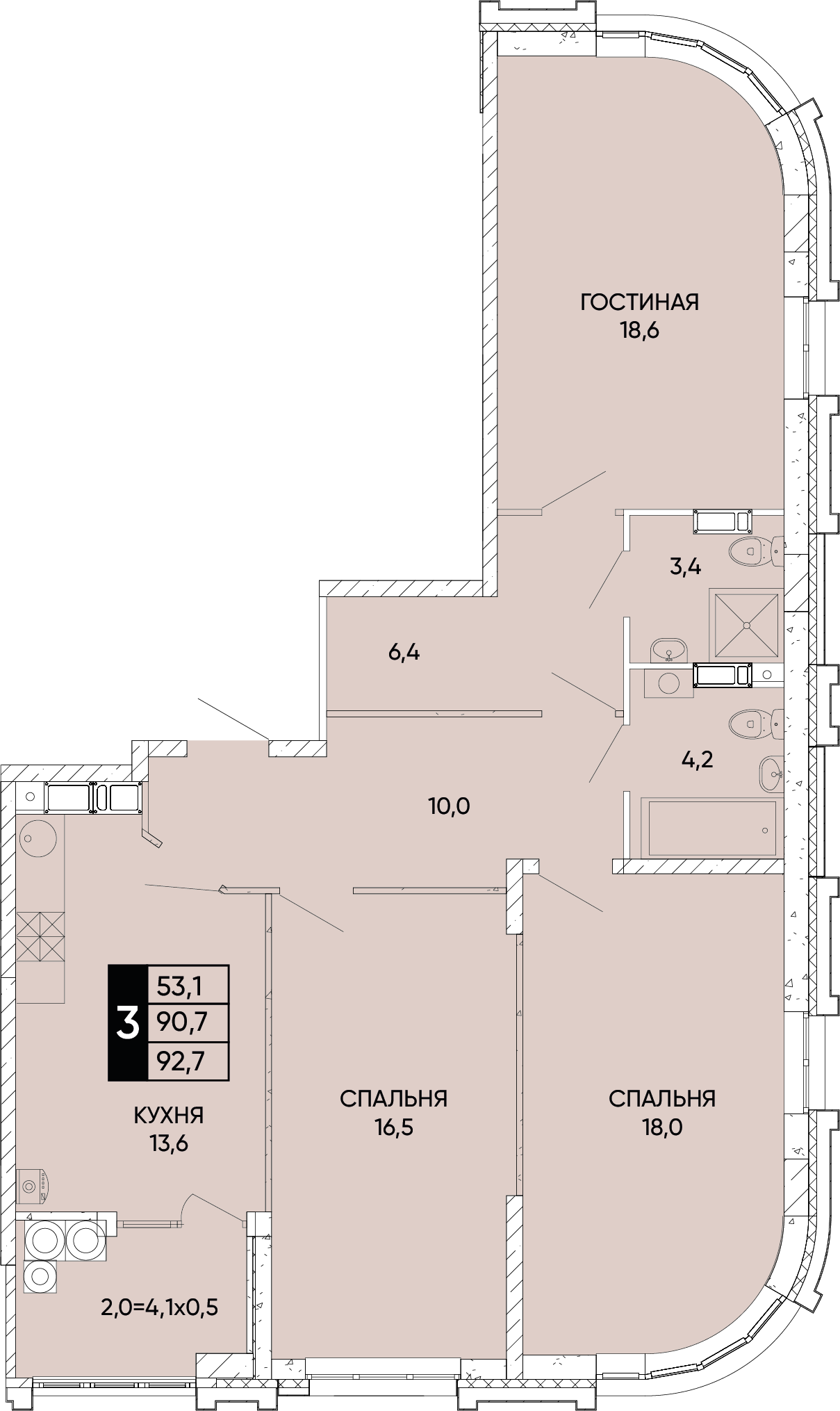Планировка 3-комн. в ЖК «Левобережье»