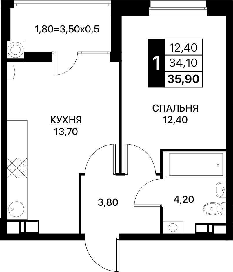 Планировка 1-комн. в ЖК «Полет»