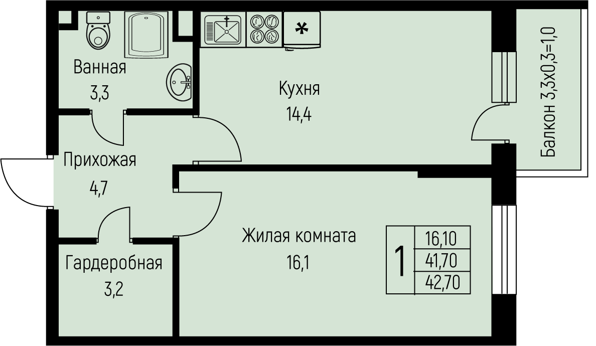 Планировка 1-комн. в ЖК «Nova Vita»