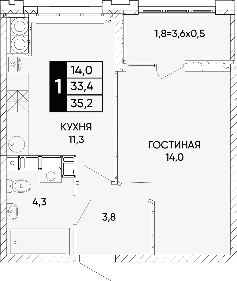 Планировка 1-комн. в ЖК «Левобережье»