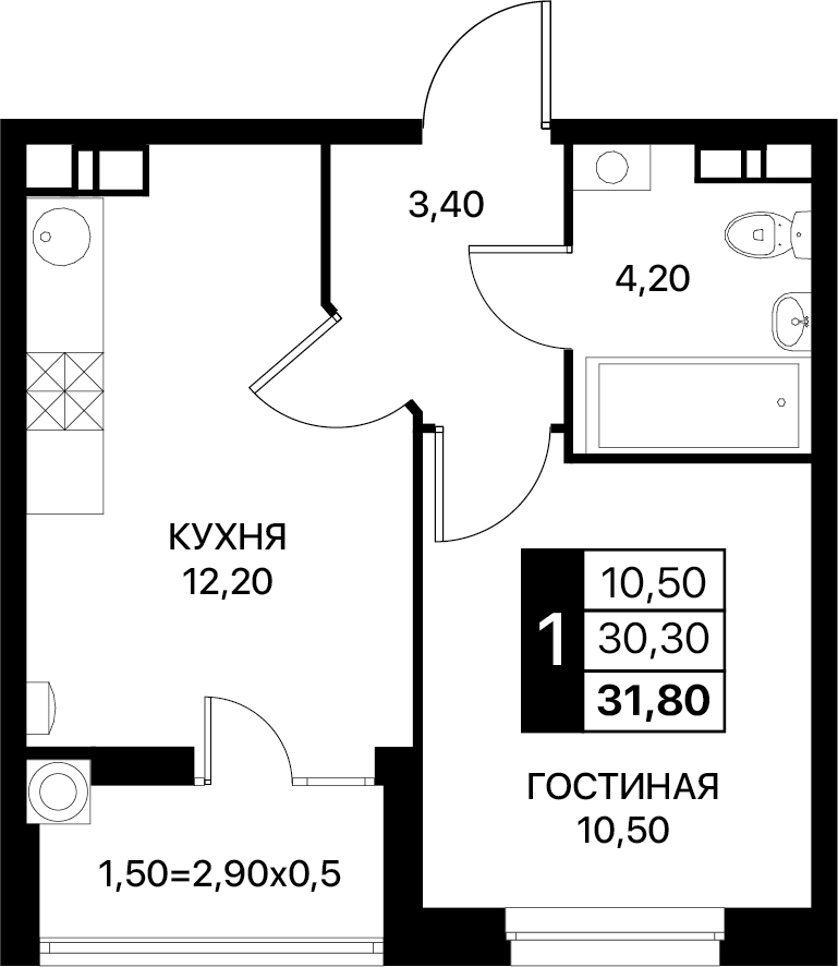Планировка 1-комн. в ЖК «Полет»