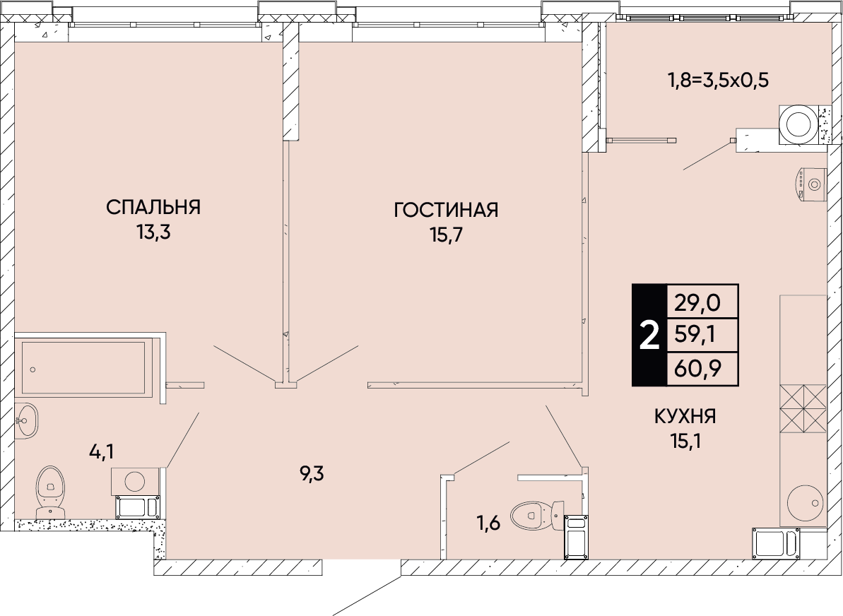 Планировка 2-комн. в ЖК «Левобережье»