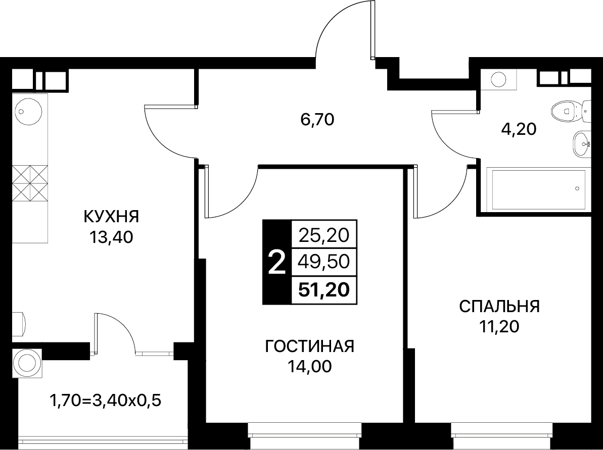 Планировка 2-комн. в ЖК «Полет»