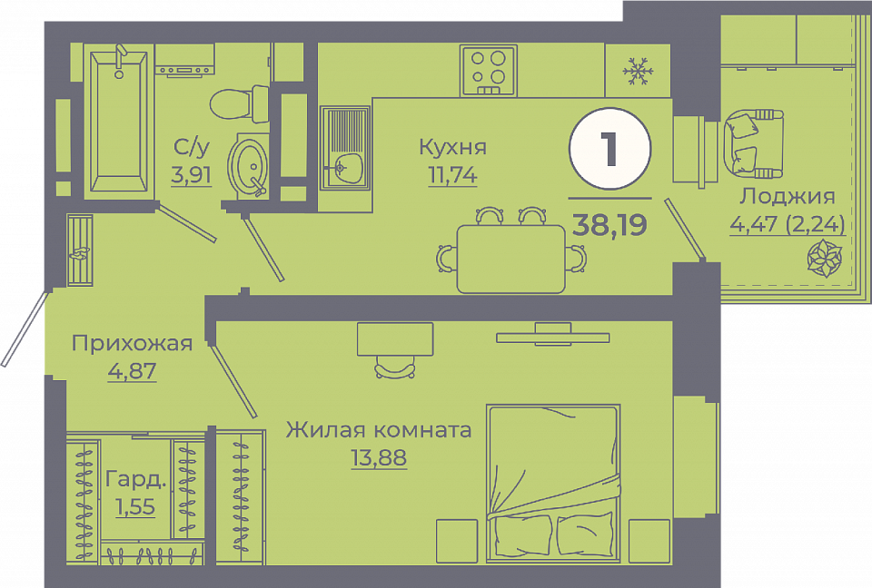 Планировка 1-комн. в ЖК «Сокольники»