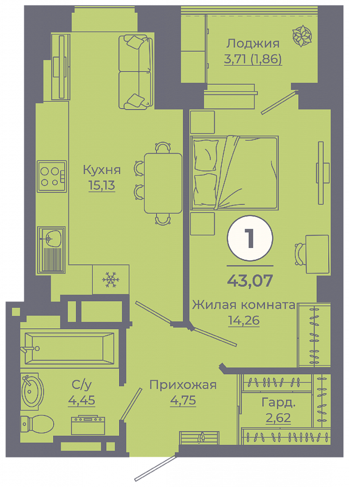 Планировка 1-комн. в ЖК «Сокольники»