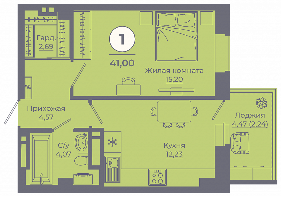 Планировка 1-комн. в ЖК «Сокольники»