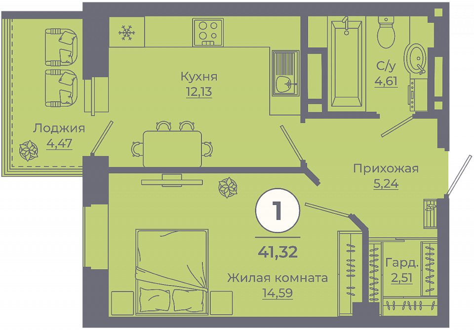 Планировка 1-комн. в ЖК «Сокольники»