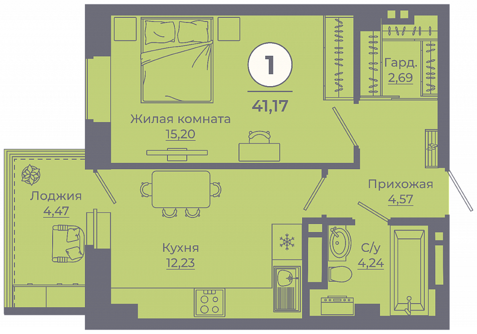 Планировка 1-комн. в ЖК «Сокольники»