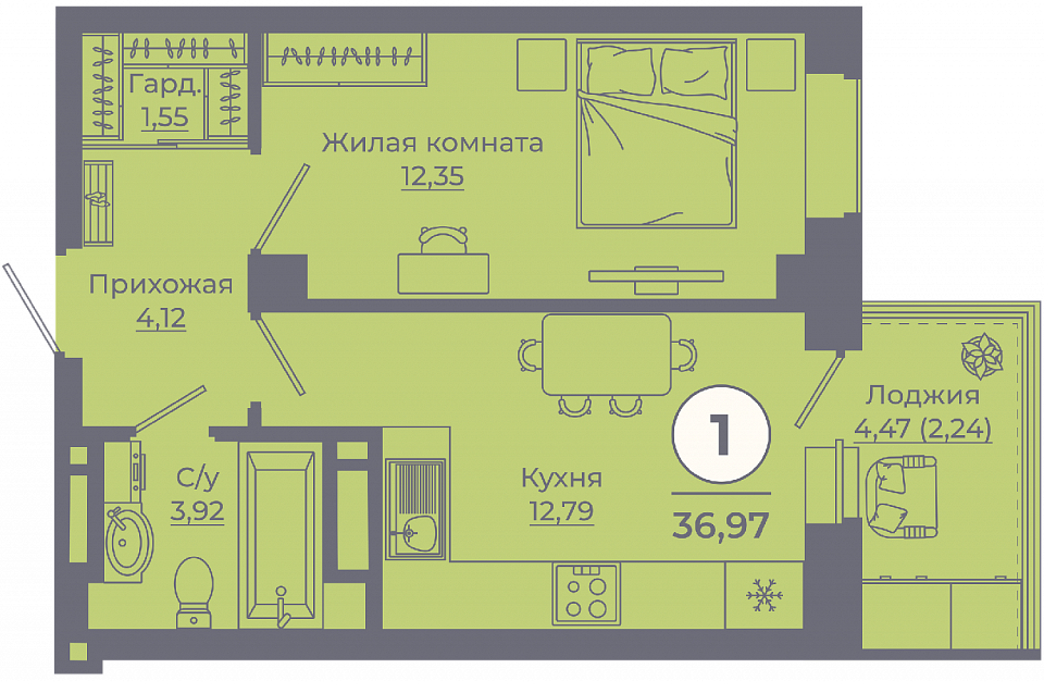 Планировка 1-комн. в ЖК «Сокольники»