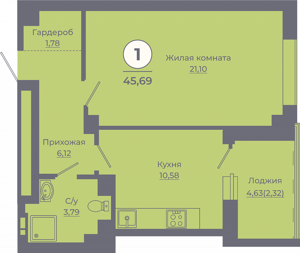 Планировка 1-комн. в ЖК «Сокольники»