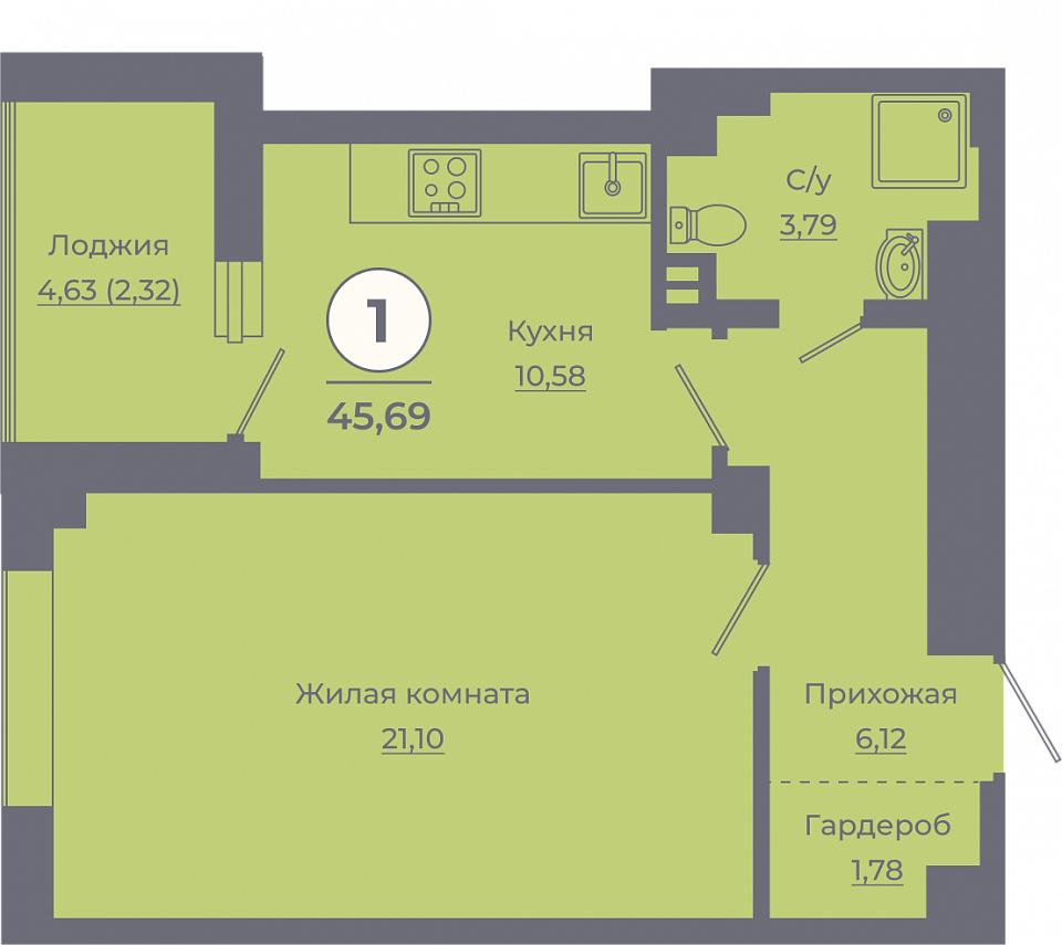 Планировка 1-комн. в ЖК «Сокольники»