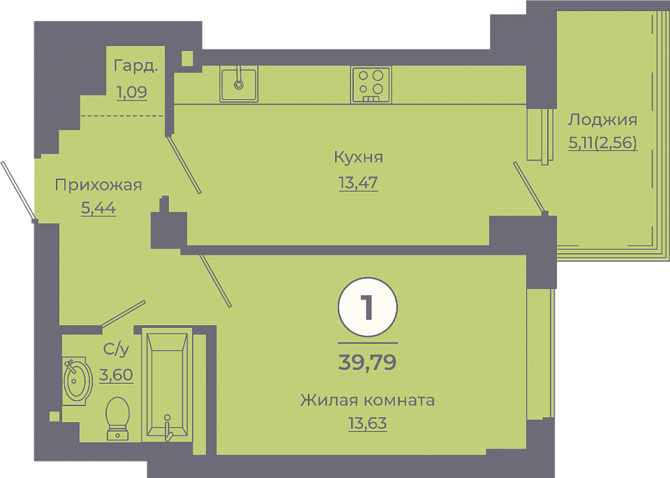 Планировка 1-комн. в ЖК «Сокольники»