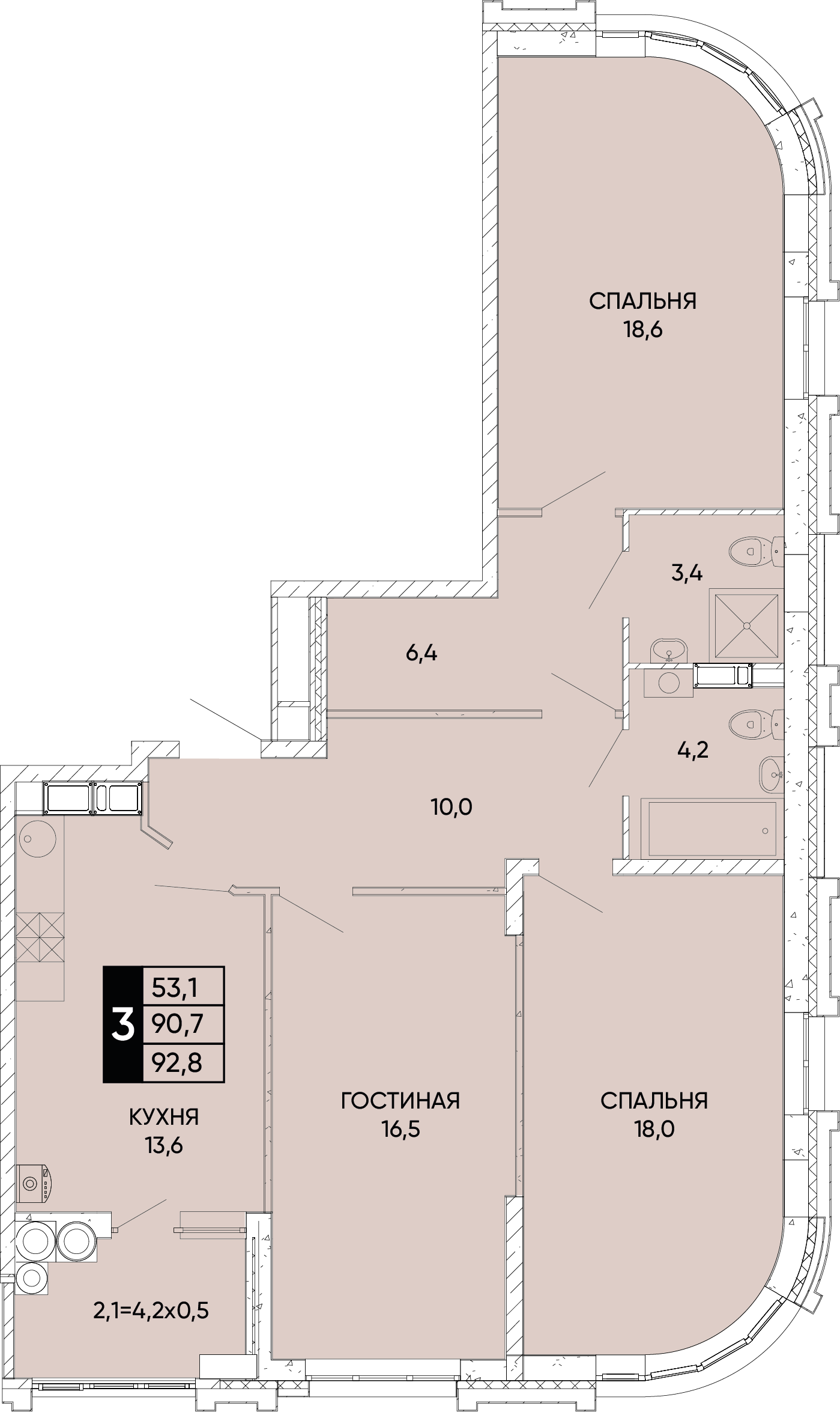 Планировка 3-комн. в ЖК «Левобережье»